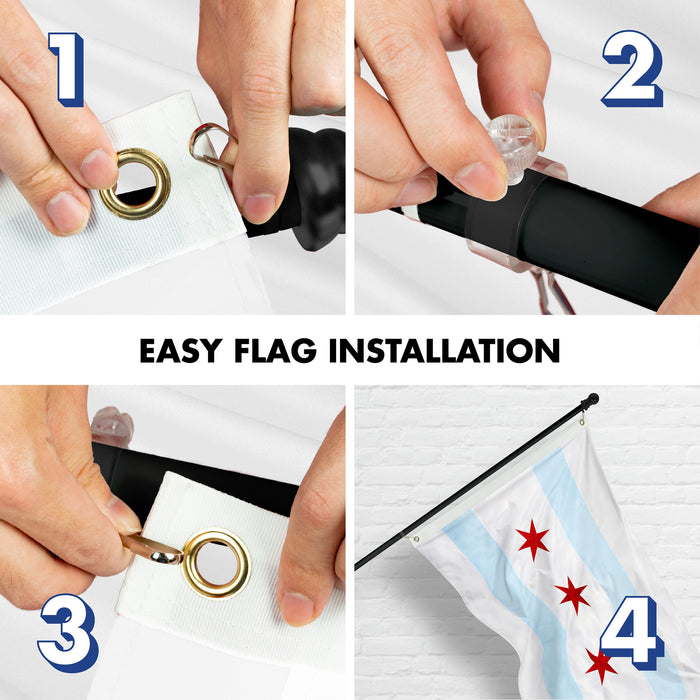 G128 Flag Pole 6 FT Black Tangle Free & Chicago Flag 3x5 FT Combo Embroidered 300D Polyester