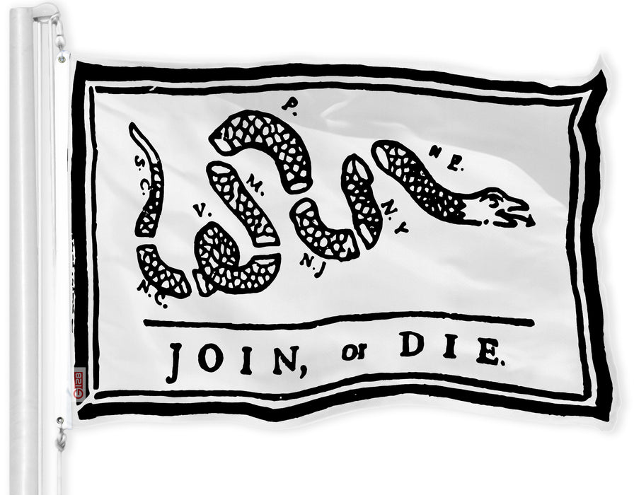G128 - Join, or Die Flag (White) 3x5 FT Printed Brass Grommets 150D Polyester Indoor/Outdoor - Much Thicker More Durable Than 100D 75D Polyester