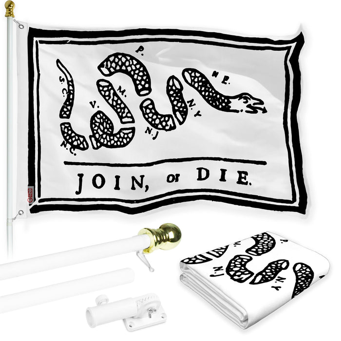 G128 Combo Pack: Flag Pole 6 FT White Tangle Free & Join or Die White Flag 3x5 FT Brass Grommets Printed Polyester (Flag Included) Aluminum Flag Pole