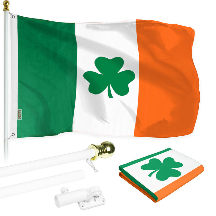 G128 - 6 Feet Tangle Free Spinning Flagpole (White) Ireland SHAMROCK Brass Grommets Printed 3x5 ft (Flag Included) Aluminum Flag Pole
