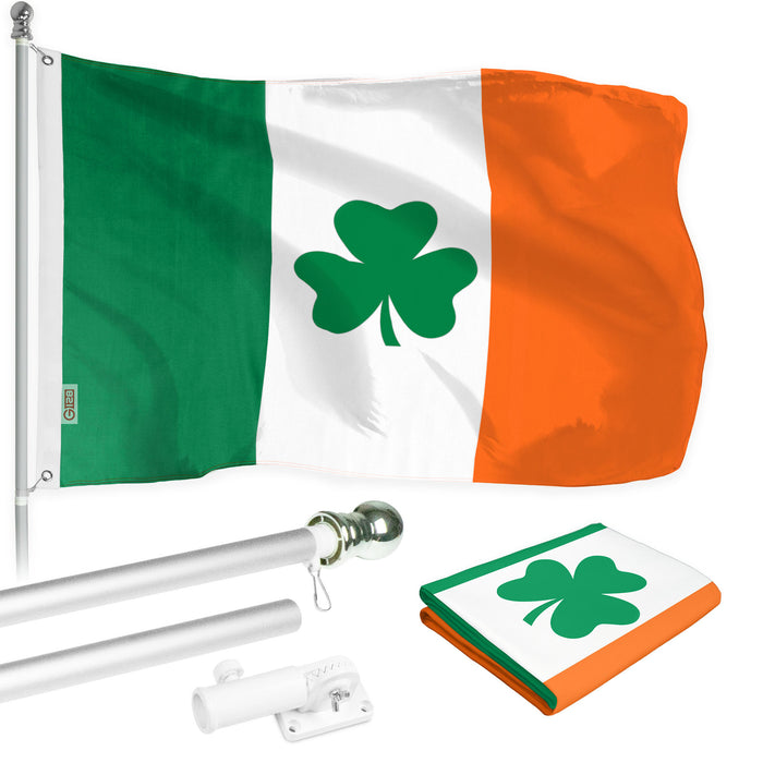 G128 - 6 Feet Tangle Free Spinning Flagpole (Silver) Ireland SHAMROCK Brass Grommets Printed 3x5 ft (Flag Included) Aluminum Flag Pole