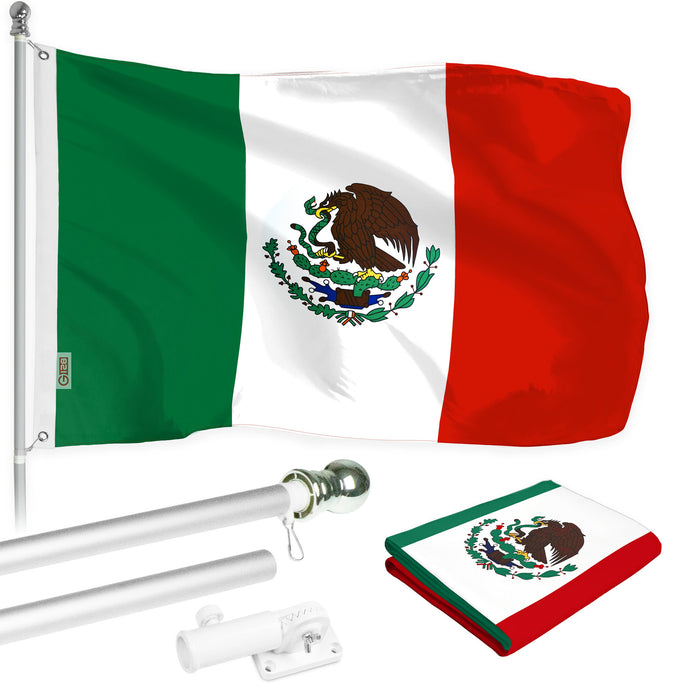 G128 - 6 Feet Tangle Free Spinning Flagpole (Silver) Mexico Brass Grommets Printed 3x5 ft (Flag Included) Aluminum Flag Pole