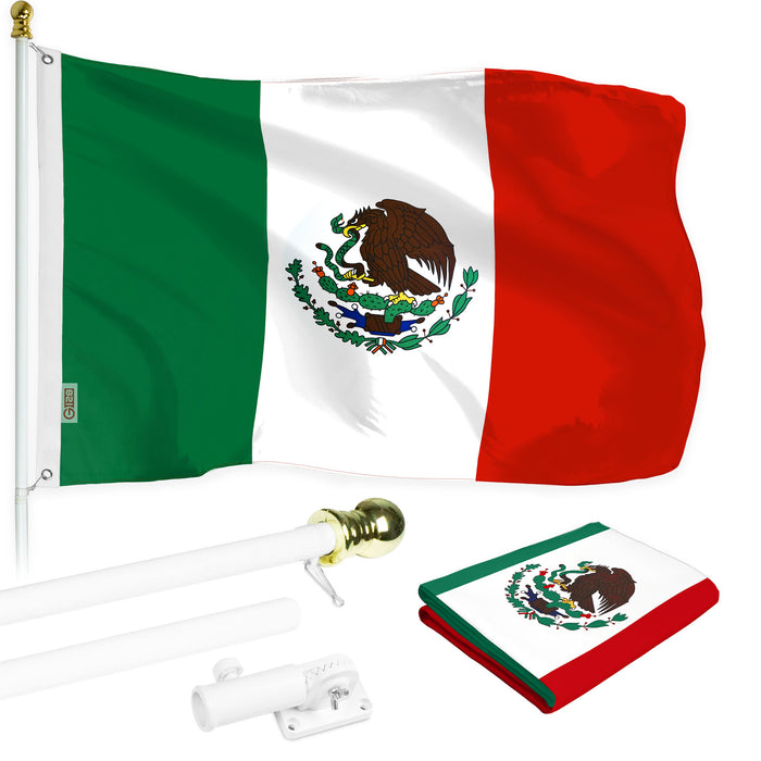 G128 - 6 Feet Tangle Free Spinning Flagpole (White) Mexico Brass Grommets Printed 3x5 ft (Flag Included) Aluminum Flag Pole