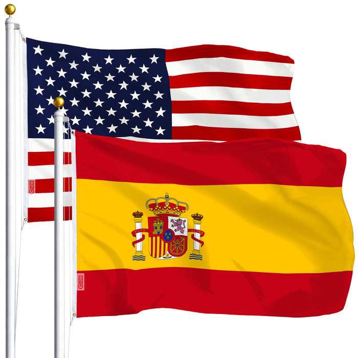 G128 Combo Pack: USA American Flag 3x5 Ft 75D Printed Stars & Spain (Spanish) Flag 3x5 Ft 75D Printed