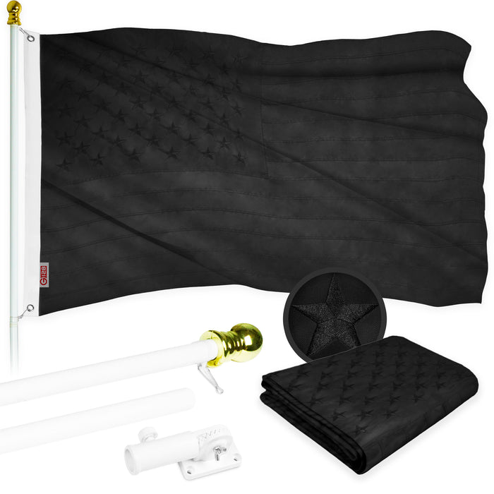 G128 - 6 Feet Tangle Free Spinning Flagpole (White) All Black USA American Flag Brass Grommets Embroidered 3x5 ft (Flag Included) Aluminum Flag Pole