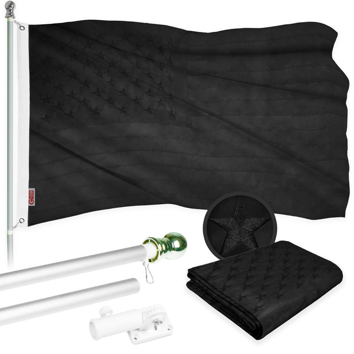 G128 - 6 Feet Tangle Free Spinning Flagpole (Silver) All Black USA American Flag Brass Grommets Embroidered 3x5 ft (Flag Included) Aluminum Flag Pole