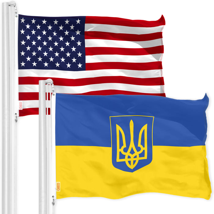 USA American Flag & Ukraine Ukrainian Coat of Arms Flag 3x5 Ft Printed 150D Polyester