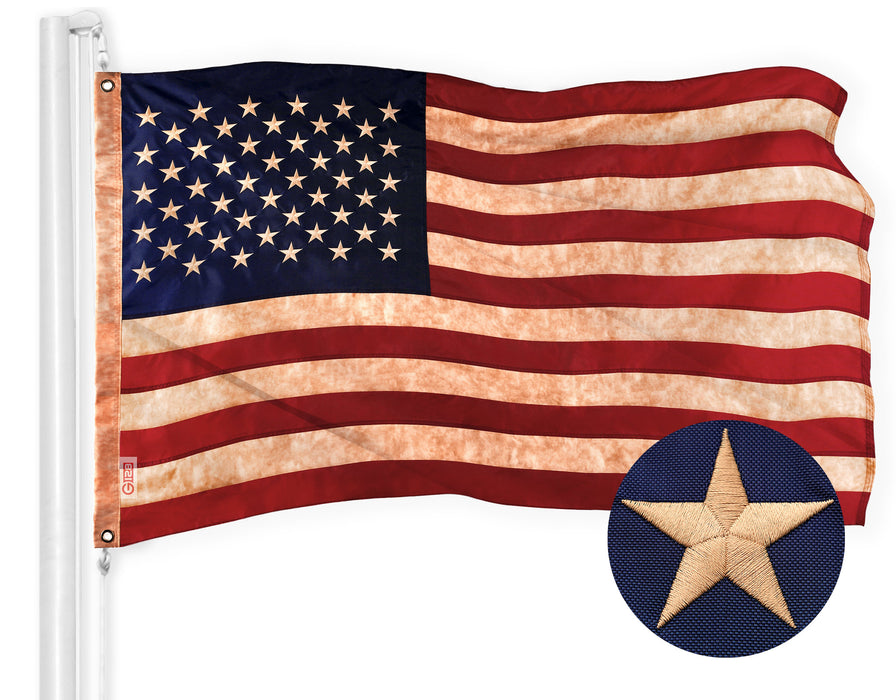 G128 American USA Tea-Stained Flag | 2x3 Ft | ToughWeave Pro Series Embroidered 420D Polyester | Embroidered Stars