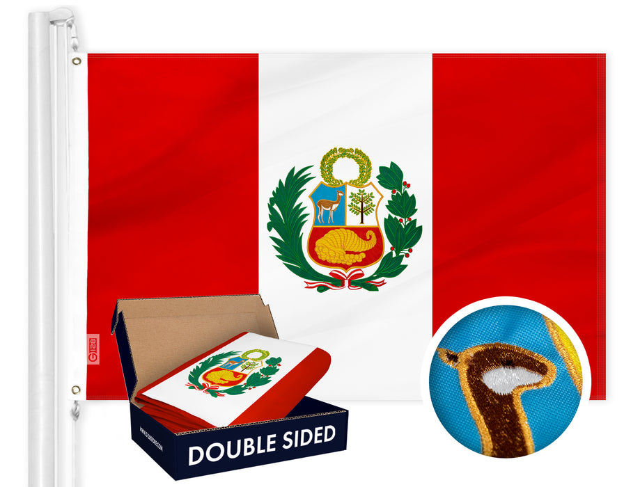 G128 Peru (Peruvian) Flag | 3x5 feet | Double Sided Embroidered 210D Indoor/Outdoor, Brass Grommets, Heavy Duty Polyester