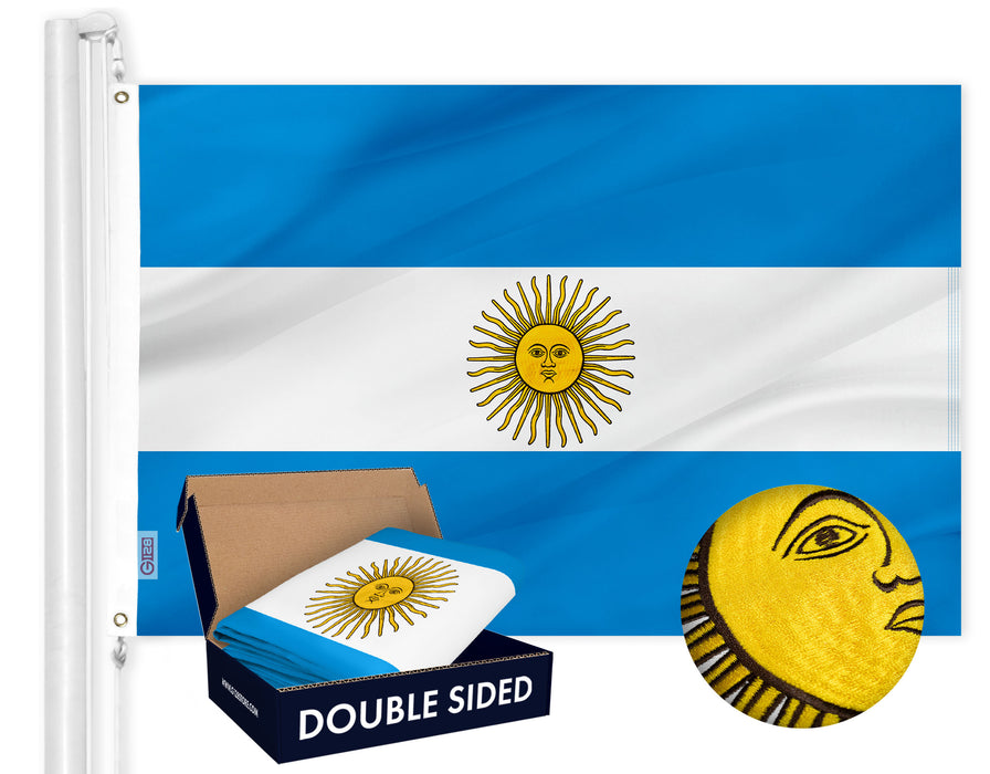G128 Argentina (Argentinian) Flag | 3x5 feet | Double Sided Embroidered 210D “ Indoor/Outdoor, Brass Grommets, Heavy Duty Polyester