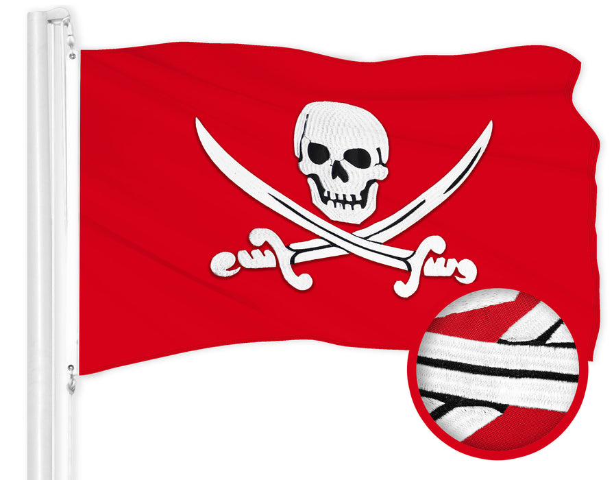 G128 Combo Pack: American USA Flag 1x1.5 Ft & Pirate Jolly Roger Swords Red Flag  1x1.5 Ft | Both ToughWeave Series Embroidered 300D Polyester, Embroidered Design, Indoor/Outdoor, Brass Grommets