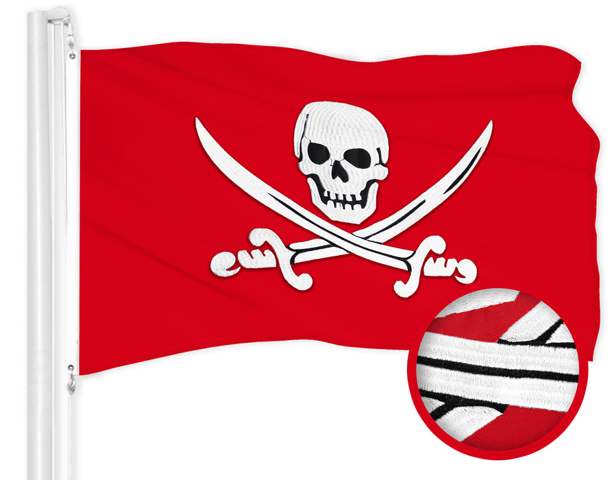 G128 Combo Pack: American USA Flag 16x24 In & Pirate Jolly Roger Swords Red Flag  16x24 In | Both ToughWeave Series Embroidered 300D Polyester, Embroidered Design, Indoor/Outdoor, Brass Grommets