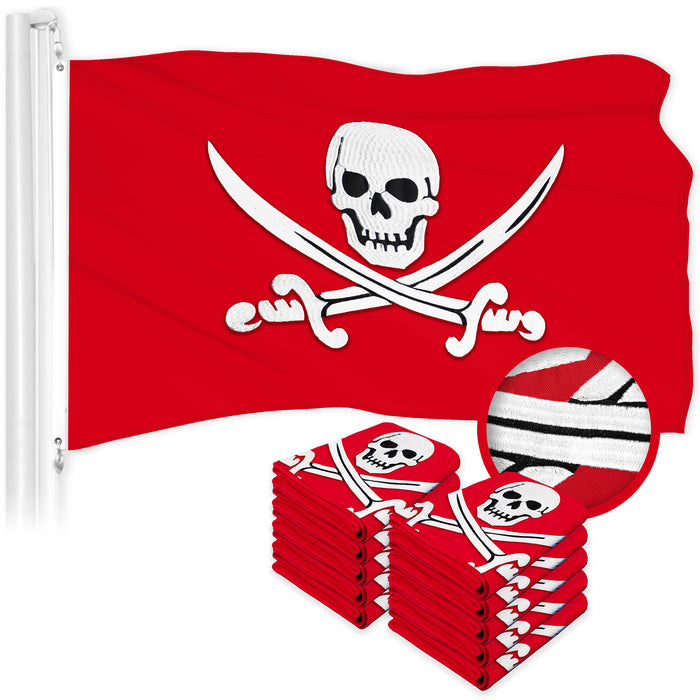 G128 10 Pack: Pirate Jolly Roger Swords Red Flag | 16x24 In | ToughWeave Series Embroidered 300D Polyester | Novelty Flag, Embroidered Design, Indoor/Outdoor, Brass Grommets