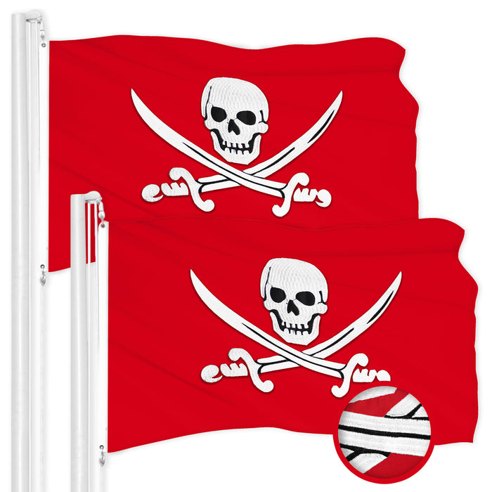 G128 2 Pack: Pirate Jolly Roger Swords Red Flag | 20x30 In | ToughWeave Series Embroidered 300D Polyester | Novelty Flag, Embroidered Design, Indoor/Outdoor, Brass Grommets