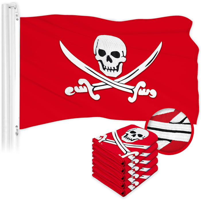 G128 5 Pack: Pirate Jolly Roger Swords Red Flag | 1x1.5 Ft | ToughWeave Series Embroidered 300D Polyester | Novelty Flag, Embroidered Design, Indoor/Outdoor, Brass Grommets