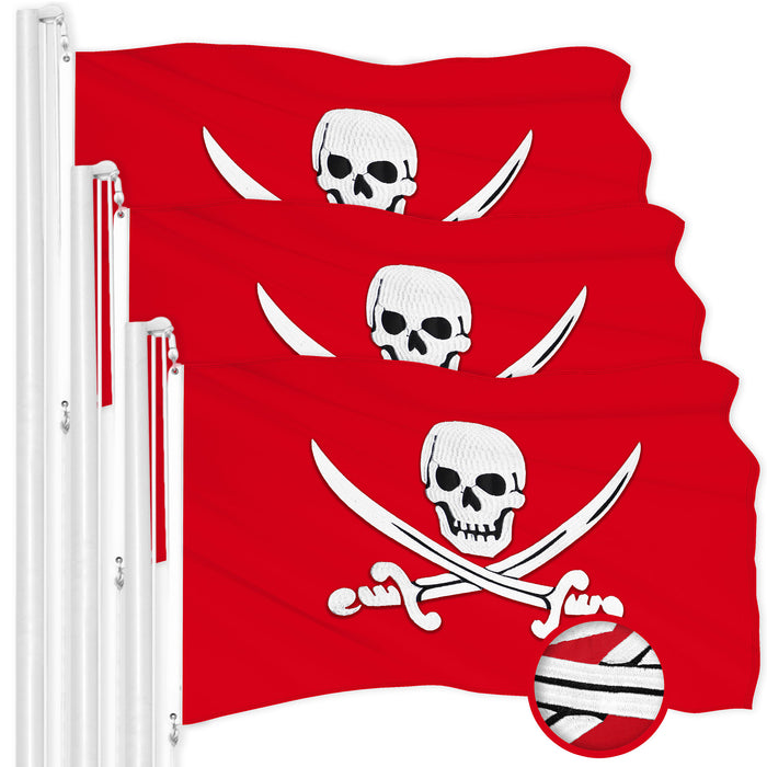 G128 3 Pack Pirate Jolly Roger Swords Red Flag | 16x24 In | ToughWeave Series Embroidered 300D Polyester | Novelty Flag, Embroidered Design, Indoor/Outdoor, Brass Grommets