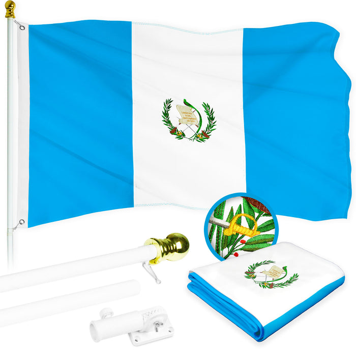 G128 Combo Pack: 6 Ft Tangle Free Aluminum Spinning Flagpole (White) & Guatemala Guatemalan Flag 3x5 Ft, ToughWeave Series Embroidered 300D Polyester | Pole with Flag Included