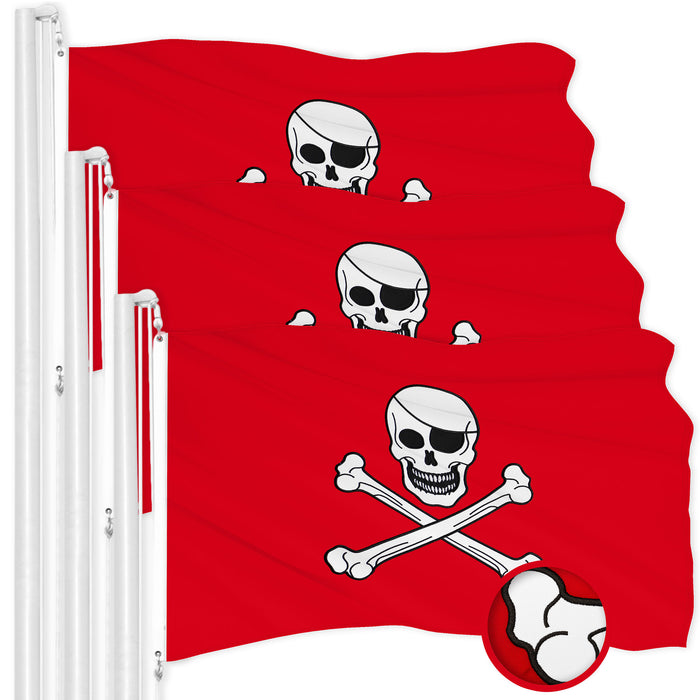 G128 3 Pack Pirate Jolly Roger Bones Red Flag | 1x1.5 Ft | ToughWeave Series Embroidered 300D Polyester | Novelty Flag, Embroidered Design, Indoor/Outdoor, Brass Grommets