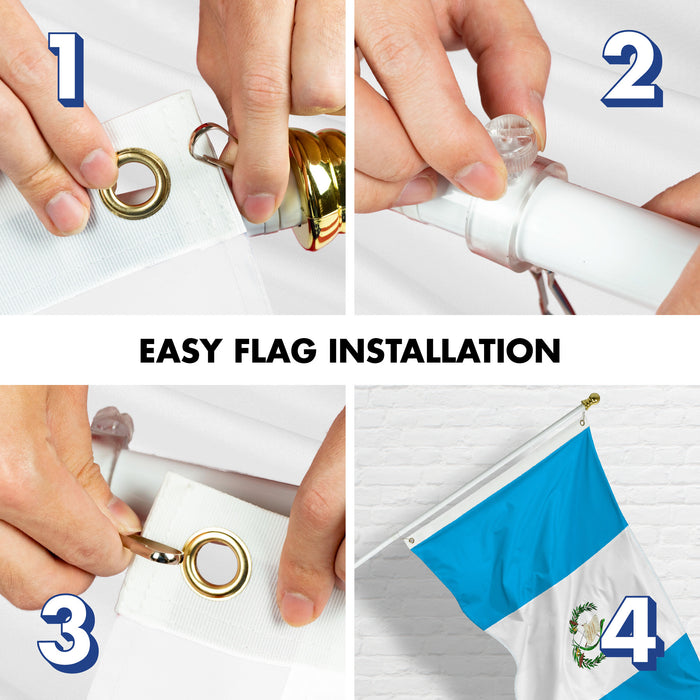 G128 Combo Pack: 6 Ft Tangle Free Aluminum Spinning Flagpole (White) & Guatemala Guatemalan Flag 3x5 Ft, ToughWeave Series Embroidered 300D Polyester | Pole with Flag Included