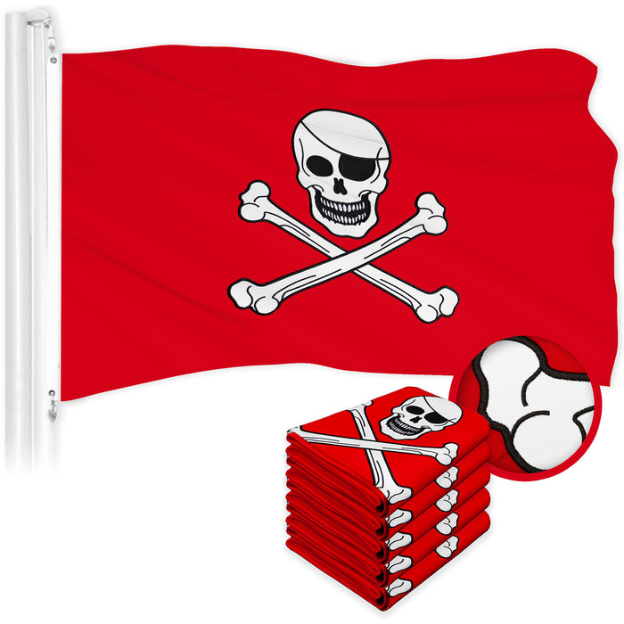 G128 5 Pack: Pirate Jolly Roger Bones Red Flag | 20x30 In | ToughWeave Series Embroidered 300D Polyester | Novelty Flag, Embroidered Design, Indoor/Outdoor, Brass Grommets