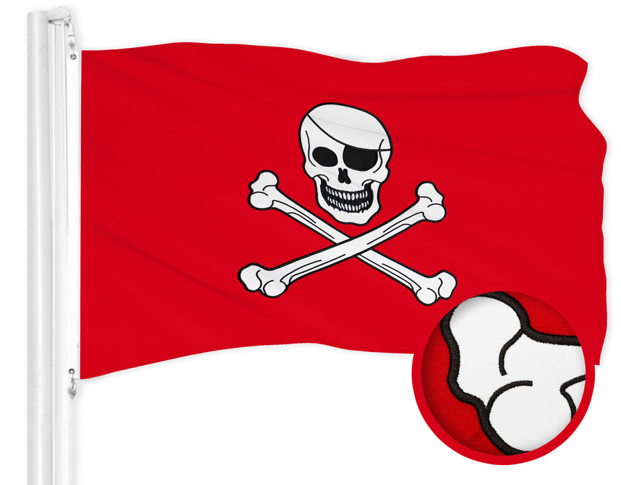 G128 Combo Pack: American USA Flag 1x1.5 Ft & Pirate Jolly Roger Bones Red Flag  1x1.5 Ft | Both ToughWeave Series Embroidered 300D Polyester, Embroidered Design, Indoor/Outdoor, Brass Grommets