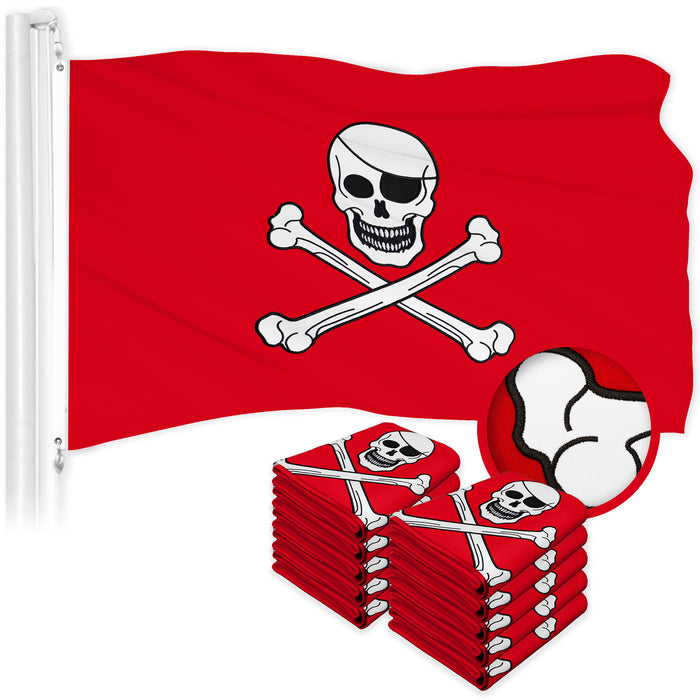 G128 10 Pack: Pirate Jolly Roger Bones Red Flag | 20x30 In | ToughWeave Series Embroidered 300D Polyester | Novelty Flag, Embroidered Design, Indoor/Outdoor, Brass Grommets