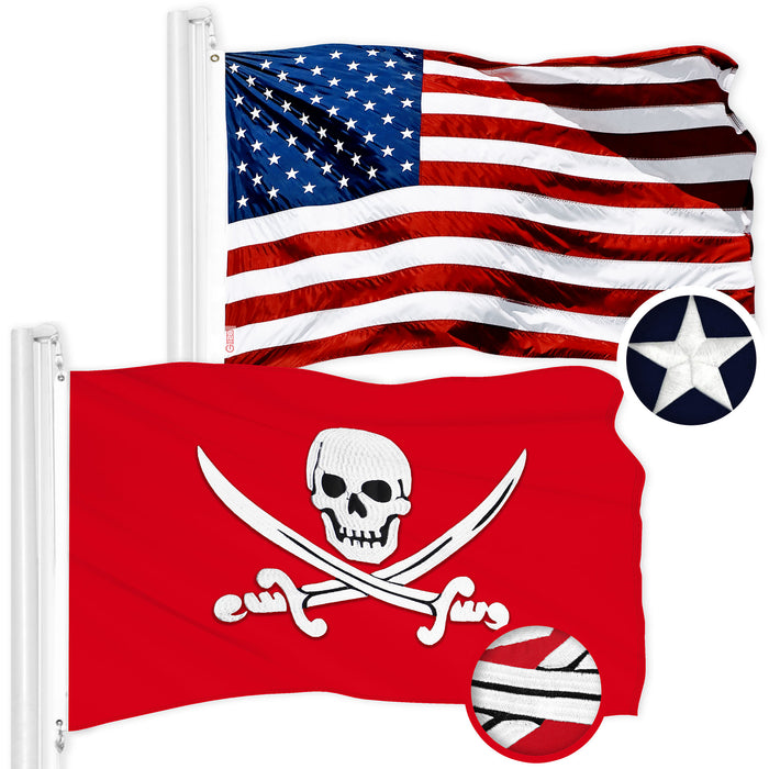 G128 Combo Pack: American USA Flag 1x1.5 Ft & Pirate Jolly Roger Swords Red Flag  1x1.5 Ft | Both ToughWeave Series Embroidered 300D Polyester, Embroidered Design, Indoor/Outdoor, Brass Grommets