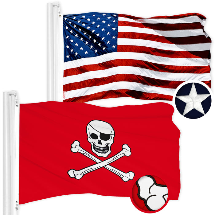G128 Combo Pack: American USA Flag 20x30 In & Pirate Jolly Roger Bones Red Flag  20x30 In | Both ToughWeave Series Embroidered 300D Polyester, Embroidered Design, Indoor/Outdoor, Brass Grommets