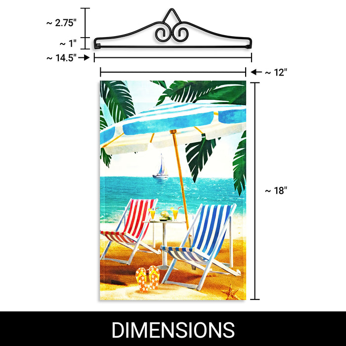 G128 Combo Pack Garden Flag Hanger 14IN & Garden Flag Beach Summer with Chairs Umbrella 12x18IN Printed 150D Polyester