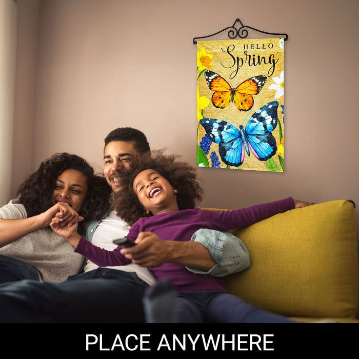 G128 Combo Pack Garden Flag Hanger 14IN & Garden Flag Hello Spring Butterflies Flowers 12x18IN Printed 150D Polyester
