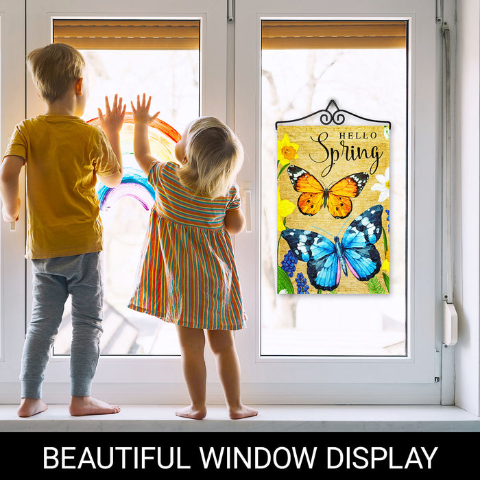 G128 Combo Pack Garden Flag Hanger 14IN & Garden Flag Hello Spring Butterflies Flowers 12x18IN Printed 150D Polyester