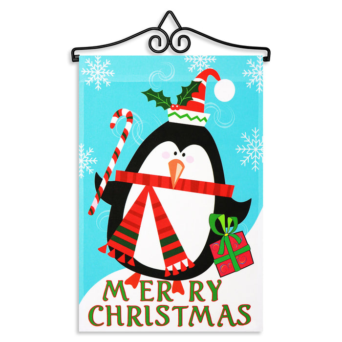 G128 Combo Pack Garden Flag Hanger 14IN & Garden Flag Merry Christmas Penguin with Candy Cane 12x18IN Printed 150D Polyester