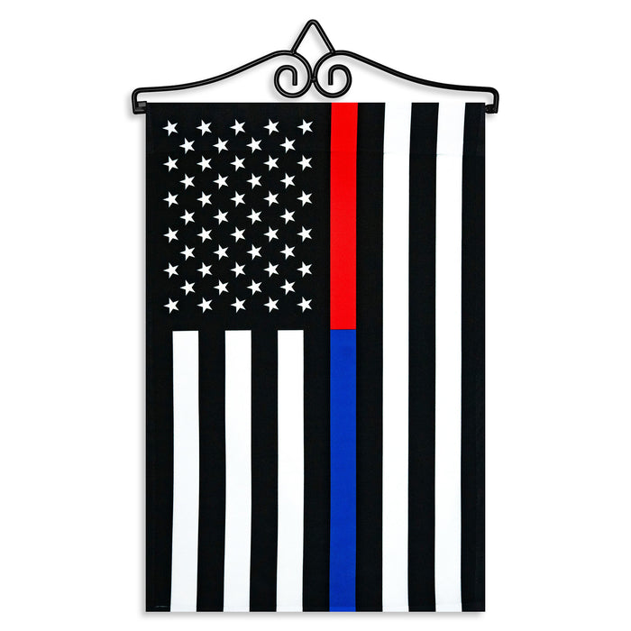 G128 Combo Pack Garden Flag Hanger 14IN & Garden Flag Thin Blue Red Line 12x18IN Printed 150D Polyester