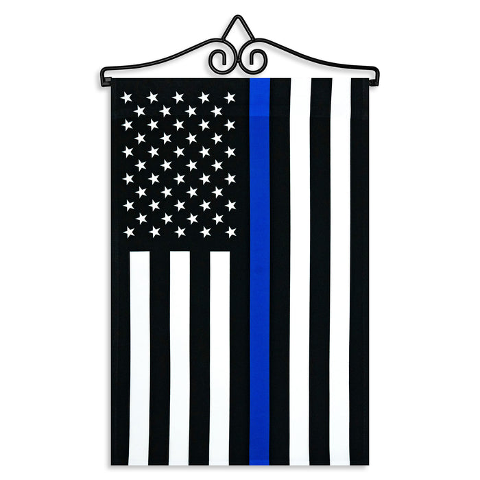 G128 Combo Pack Garden Flag Hanger 14IN & Garden Flag Thin Blue Line 12x18IN Printed 150D Polyester