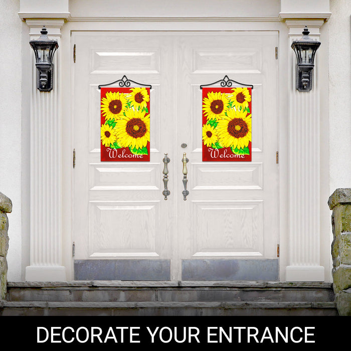 G128 Combo Pack Garden Flag Hanger 14IN & Garden Flag Welcome 4 Sunflowers Red BG 12x18IN Printed 150D Polyester