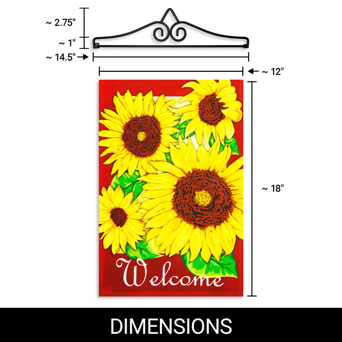 G128 Combo Pack Garden Flag Hanger 14IN & Garden Flag Welcome 4 Sunflowers Red BG 12x18IN Printed 150D Polyester