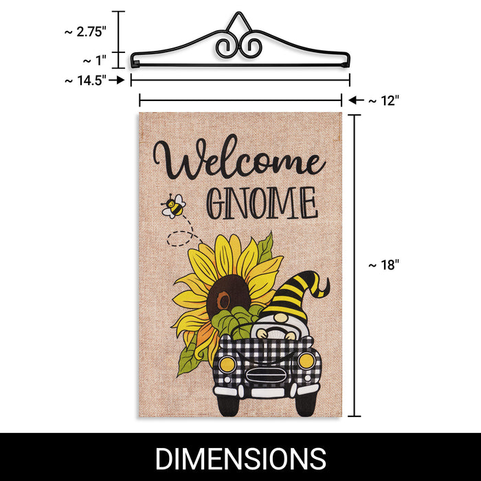 G128 Combo Pack Garden Flag Hanger 14IN & Garden Flag Welcome Gnome Sunflower Car 12x18IN Printed Double Sided Burlap Fabric