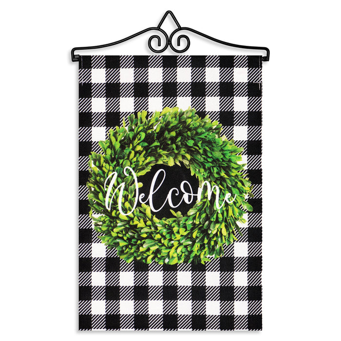 G128 Combo Pack Garden Flag Hanger 14IN & Garden Flag Welcome Wreath 12x18IN Printed Double Sided Burlap Fabric