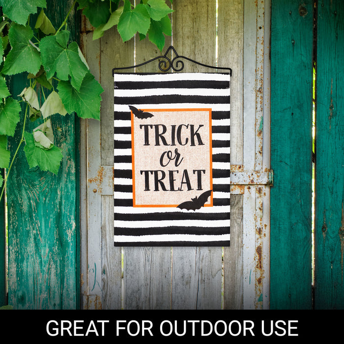 G128 Combo Pack Garden Flag Hanger 14IN & Garden Flag Trick or Treat Bats and Black and White Stripes 12x18IN Printed Double Sided Burlap Fabric