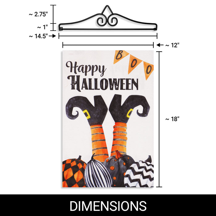 G128 Combo Pack Garden Flag Hanger 14IN & Garden Flag Happy Halloween Witch Feet and Spooky Pumpkins 12x18IN Printed Double Sided Burlap Fabric