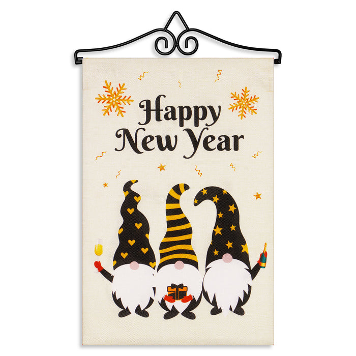 G128 Combo Pack Garden Flag Hanger 14IN & Garden Flag Happy New Year 3 Celebrating Gnomes 12x18IN Printed Double Sided Burlap Fabric
