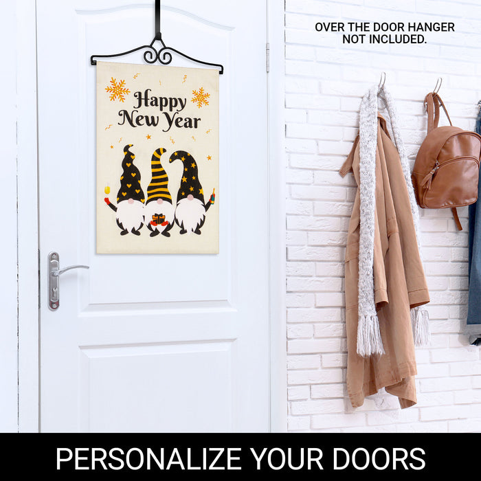 G128 Combo Pack Garden Flag Hanger 14IN & Garden Flag Happy New Year 3 Celebrating Gnomes 12x18IN Printed Double Sided Burlap Fabric