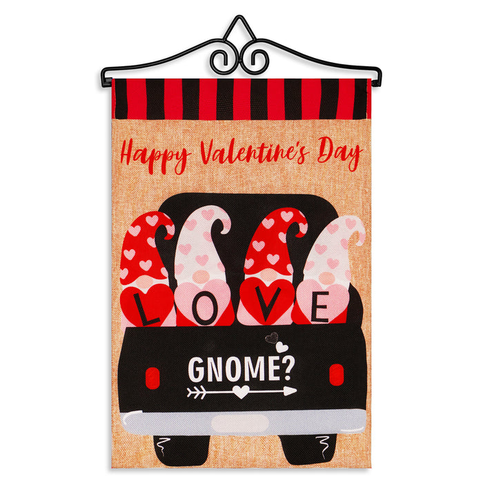 G128 Combo Pack Garden Flag Hanger 14IN & Garden Flag Happy Valentine's Day Love 4 Gnomes in Truck 12x18IN Printed Double Sided Burlap Fabric