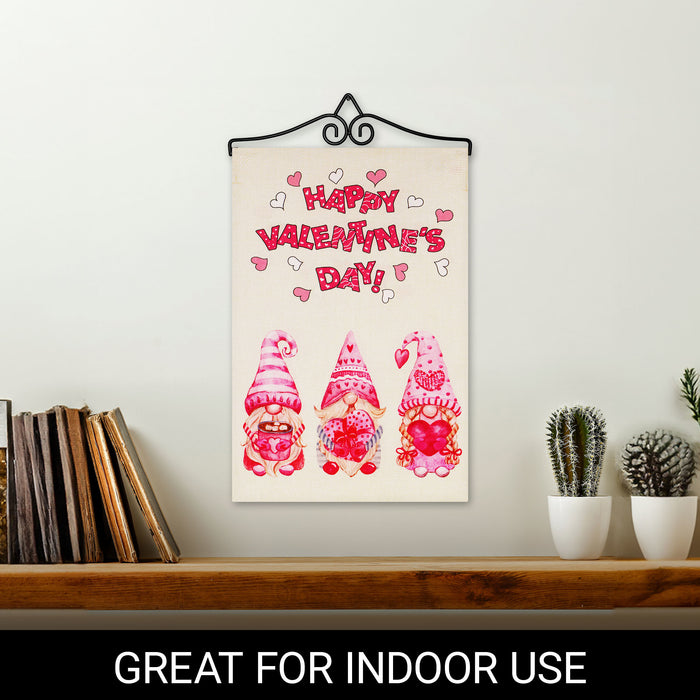 G128 Combo Pack Garden Flag Hanger 14IN & Garden Flag Happy Valentine's Day 3 Pink Hat Gnomes 12x18IN Printed Double Sided Burlap Fabric