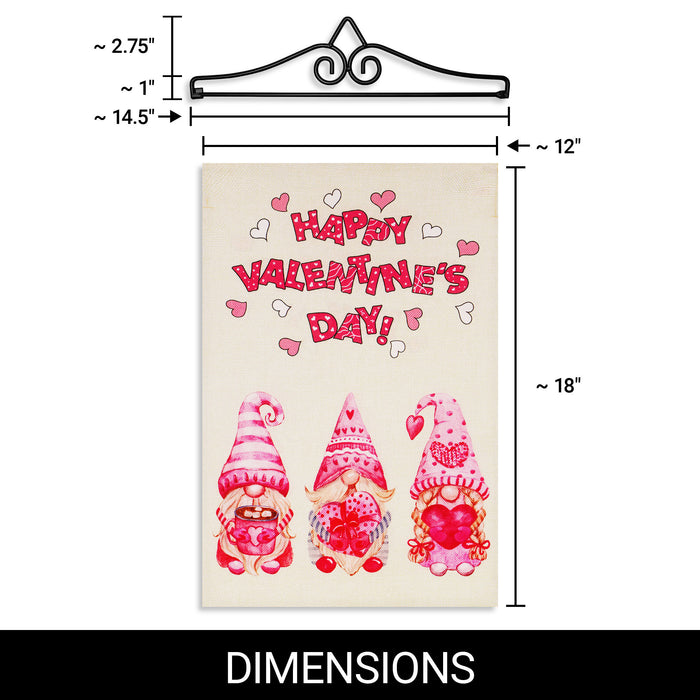 G128 Combo Pack Garden Flag Hanger 14IN & Garden Flag Happy Valentine's Day 3 Pink Hat Gnomes 12x18IN Printed Double Sided Burlap Fabric