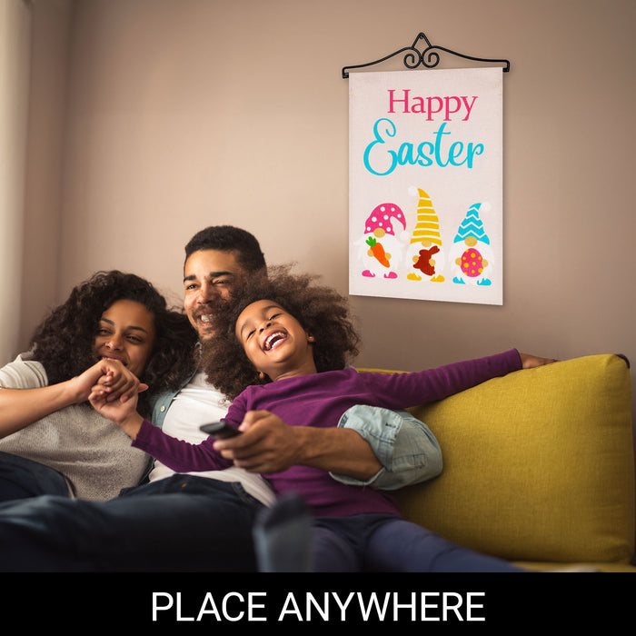 G128 Combo Pack Garden Flag Hanger 14IN & Garden Flag Happy Easter 3 Gnomes with Carrot Chocolate Bunny Egg 12x18IN Printed Double Sided Burlap Fabric