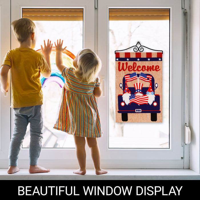G128 Combo Pack Garden Flag Hanger 14IN & Garden Flag Welcome 3 Gnomes in Patriotic Truck 12x18IN Printed Double Sided Burlap Fabric