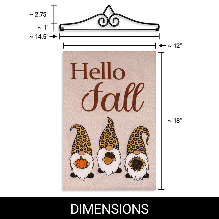 G128 Combo Pack Garden Flag Hanger 14IN & Garden Flag Hello Fall 3 Gnomes with Pumpkin Acorn Sunflower 12x18IN Printed Double Sided Burlap Fabric