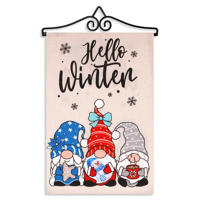 G128 Combo Pack Garden Flag Hanger 14IN & Garden Flag Hello Winter 3 Cozy Gnomes with Hot Chocolate 12x18IN Printed Double Sided Burlap Fabric