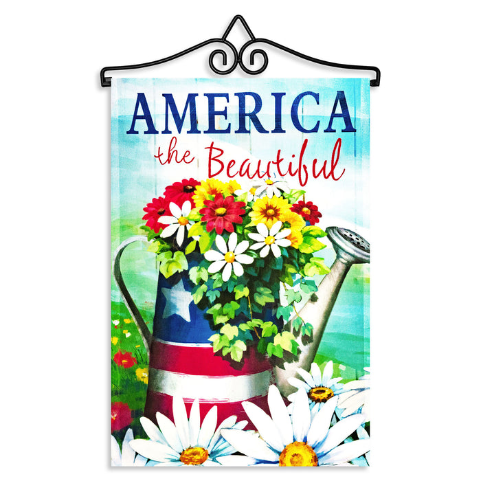 G128 Combo Pack Garden Flag Hanger 14IN & Garden Flag America the Beautiful Spring Flowers Watering Can 12x18IN Printed 150D Polyester